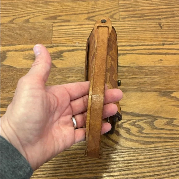 Handcrafted Leather Clutch Small Brown Floral Detail Adjustable Strap - Picture 8 of 9